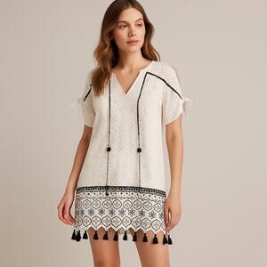 Hemant & Nandita White Eyelet Embroidered Dress M Tassel Hem Boho Indian Made